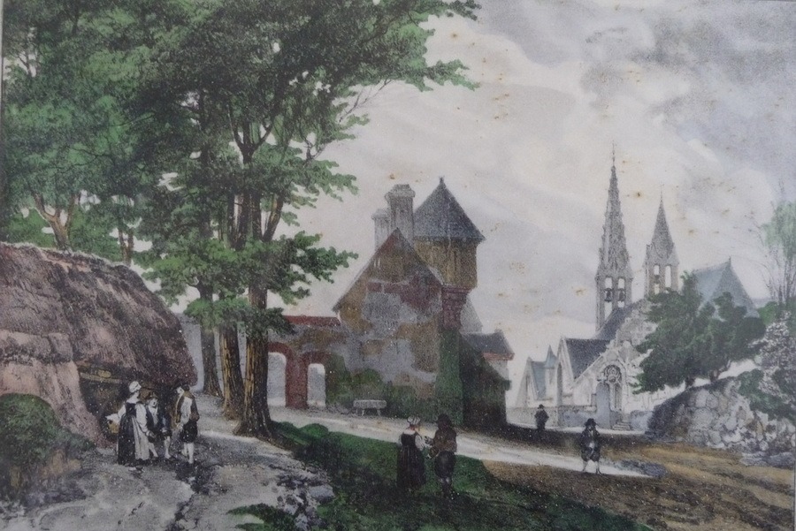 Gravure datant de 1838 de la maison presbytériale, à droite, l’ancienne église avec ses deux clochers
