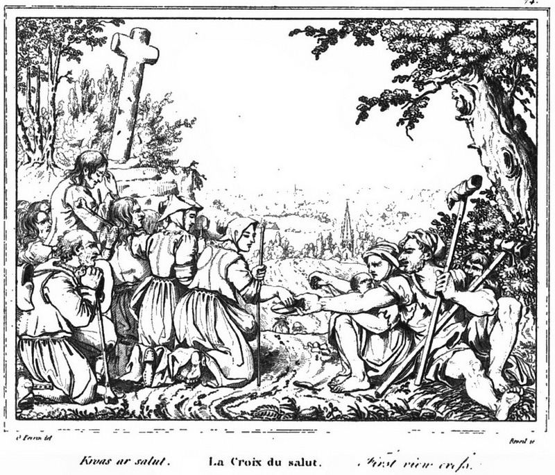 Au pied de la croix du Salut, les pèlerins s’agenouillent et prient, les indigents mendient. (dessin d’Olivier Stanislas Perrin)