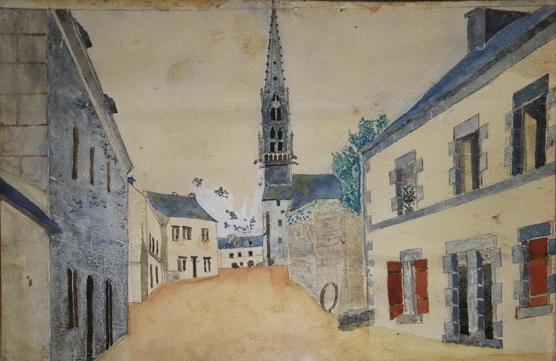 Tableau d'Edouard Martin. L'église et la place vus de la rue de Saint-Philibert