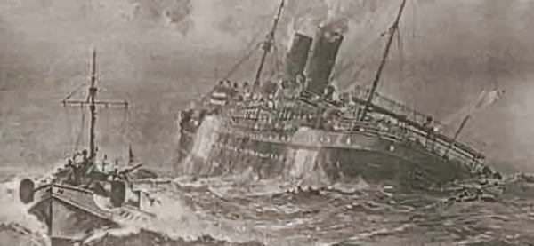 Représentation du torpillage et du naufrage du Meknès le 24 juillet 1940