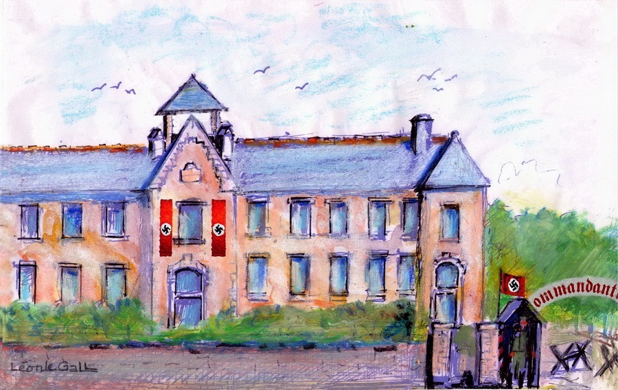 L'école publique de filles de Trégunc, occupée par l'armée allemande, un mirador installé sur la toiture (dessin Léon Le Gall)