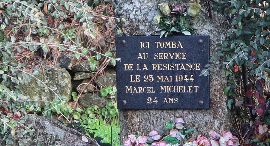 Stèle à la mémoire de Marcel Michelet tombé au service de la Résistance le 23 mai 1944, à l'âge de 24 ans