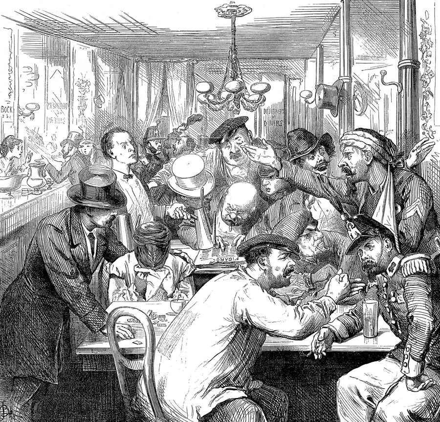 Discussions sur la guerre dans un café parisien - Guerre franco-allemande de 1870, après le désastre de Sedan et avant le siège de Paris.(wikipedia)