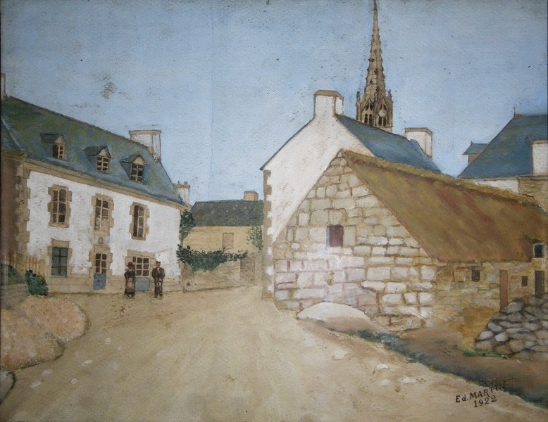 Tableau d'Edouard Martin : Forge et café de François Briant en face forge de Louis Sellin, le clocher la rue de Tachenn Pontic et de Kerfeunteun